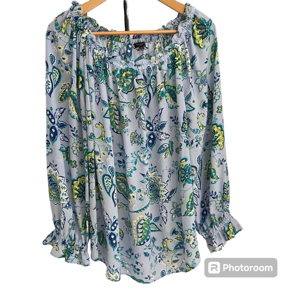 Talbots Light Gray Floral Off-Shoulder Blouse with Blue and Green Paisley